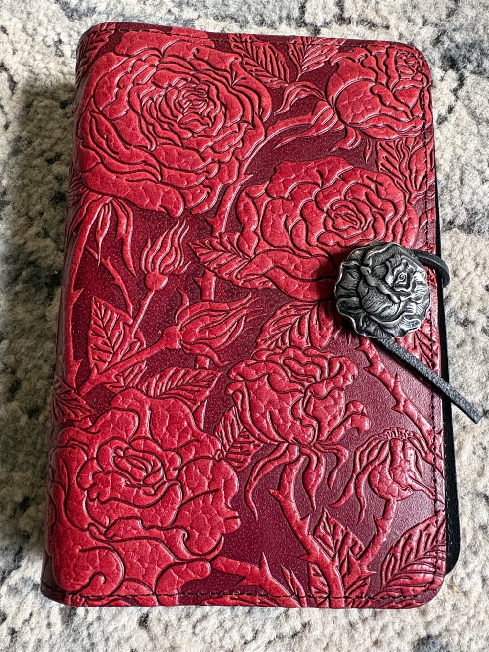 OBERON DESIGN   Embossed Floral Red Leather Journal with Rose Concho Closure